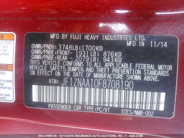 JF1ZNAA10F8708190 - 2015 TOYOTA SCION FR-S წითელი ფოტო 9