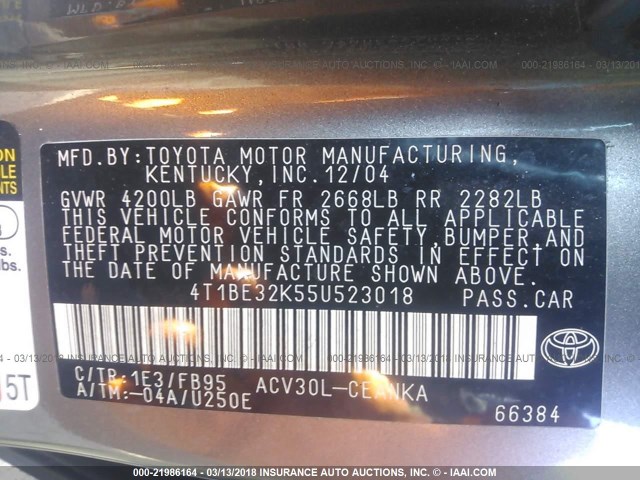 4T1BE32K55U523018 - 2005 TOYOTA CAMRY LE/XLE/SE GRAY photo 9