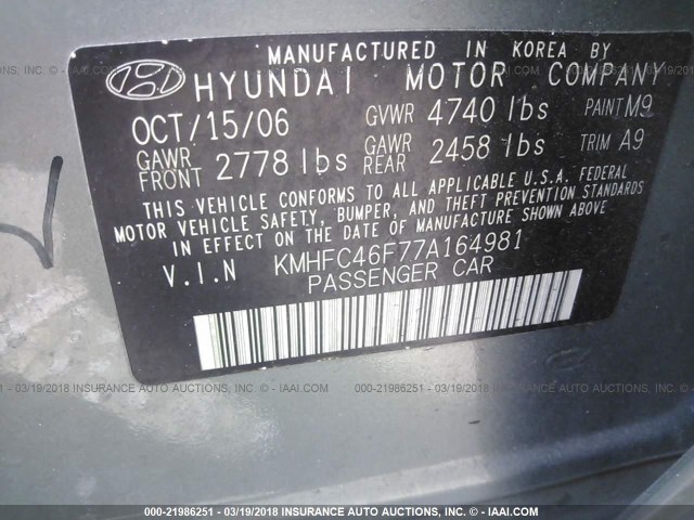 KMHFC46F77A164981 - 2007 HYUNDAI AZERA SE/LIMITED GRAY photo 9