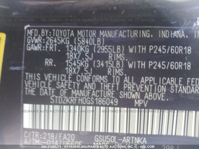 5TDZKRFH0GS186049 - 2016 TOYOTA HIGHLANDER LE/LE PLUS შავი ფოტო 9