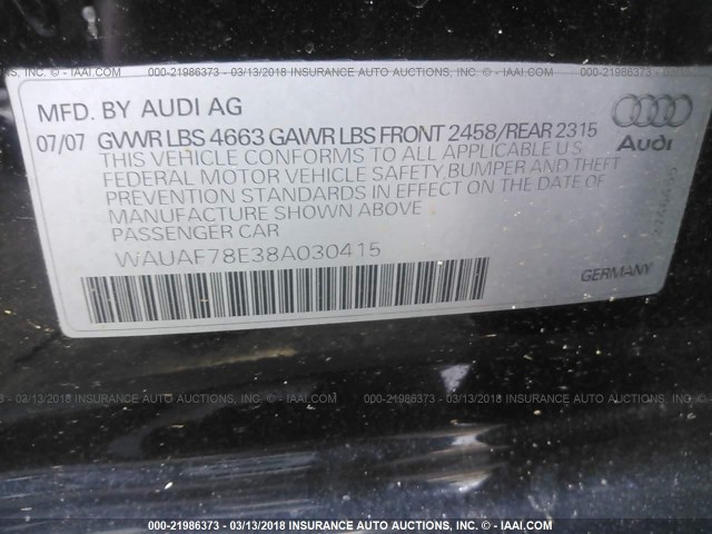 WAUAF78E38A030415 - 2008 AUDI A4 2.0T BLACK photo 9
