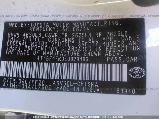 4T1BF1FK3EU829193 - 2014 TOYOTA CAMRY L/SE/LE/XLE WHITE photo 9