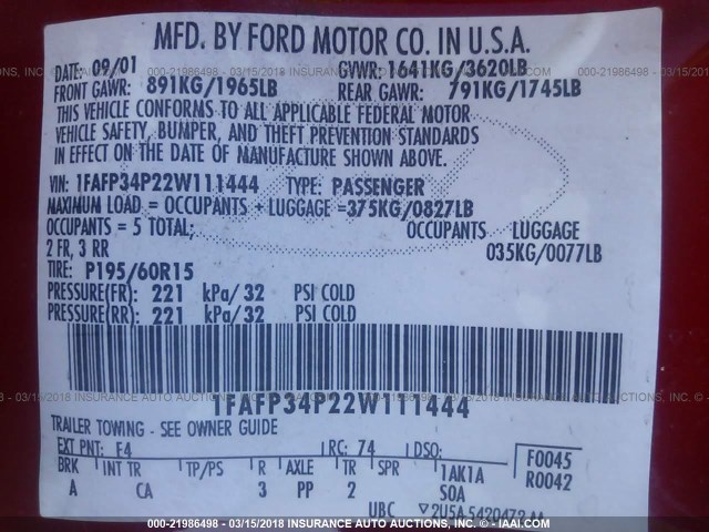 1FAFP34P22W111444 - 2002 FORD FOCUS SE/SE COMFORT RED photo 9