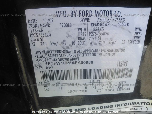 1FTFW1EV5AFA90988 - 2010 FORD F150 SUPERCREW BLACK photo 9