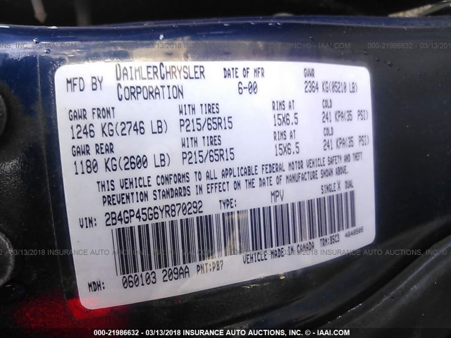 2B4GP45G6YR870292 - 2000 DODGE CARAVAN SE/SPORT Dark Blue photo 9