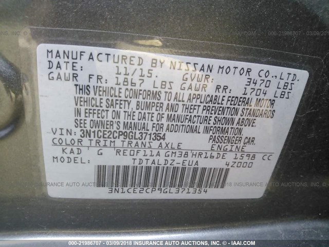 3N1CE2CP9GL371354 - 2016 NISSAN VERSA NOTE S/S PLUS/SV/SL/SR GRAY photo 9