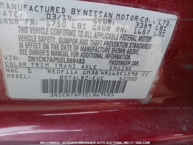 3N1CN7AP5EL869483 - 2014 NISSAN VERSA S/S PLUS/SV/SL RED photo 9