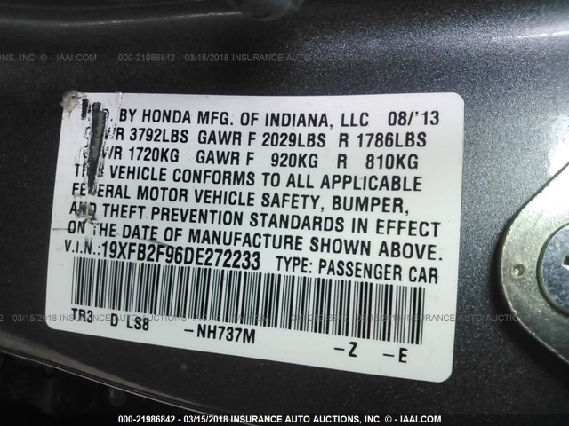 19XFB2F96DE272233 - 2013 HONDA CIVIC EXL GRAY photo 9