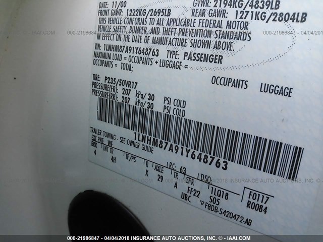 1LNHM87A91Y648763 - 2001 LINCOLN LS 白色 照片 9