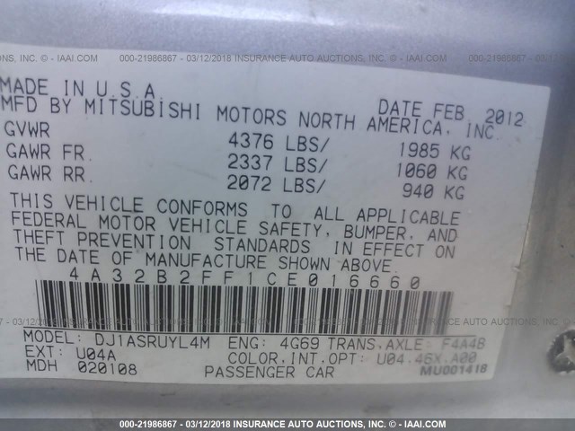 4A32B2FF1CE016660 - 2012 MITSUBISHI GALANT FE SILVER photo 9