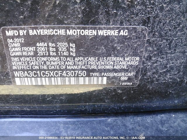 WBA3C1C5XCF430750 - 2012 BMW 328 I SULEV BLACK photo 9