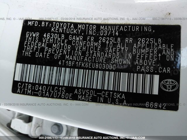 4T1BF1FK6EU803090 - 2014 TOYOTA CAMRY L/SE/LE/XLE 白色 照片 9