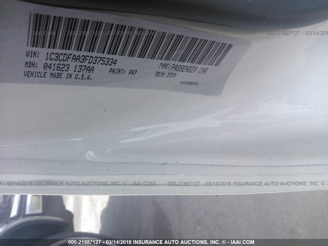 1C3CDFAA3FD375334 - 2015 DODGE DART SE WHITE photo 9