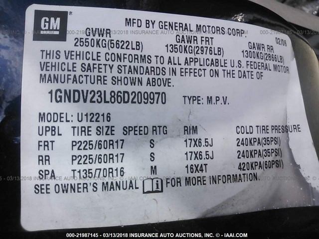 1GNDV23L86D209970 - 2006 CHEVROLET UPLANDER LS BLUE photo 9