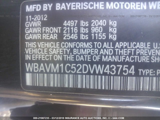 WBAVM1C52DVW43754 - 2013 BMW X1 SDRIVE28I BLACK photo 9