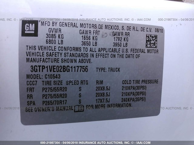 3GTP1VE02BG117756 - 2011 GMC SIERRA C1500 SLE WHITE photo 9