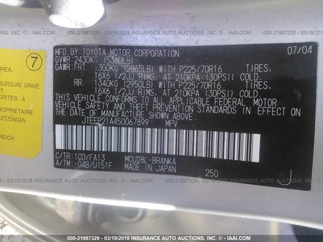 JTEEP21A450067899 - 2005 TOYOTA HIGHLANDER LIMITED SILVER photo 9