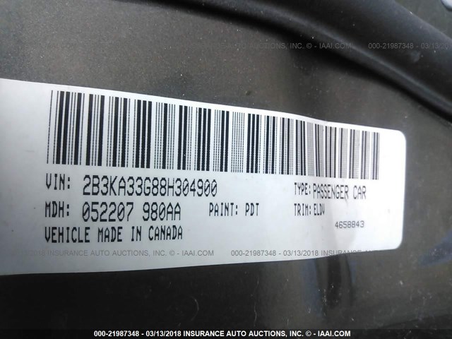 2B3KA33G88H304900 - 2008 DODGE CHARGER SXT GRAY photo 9