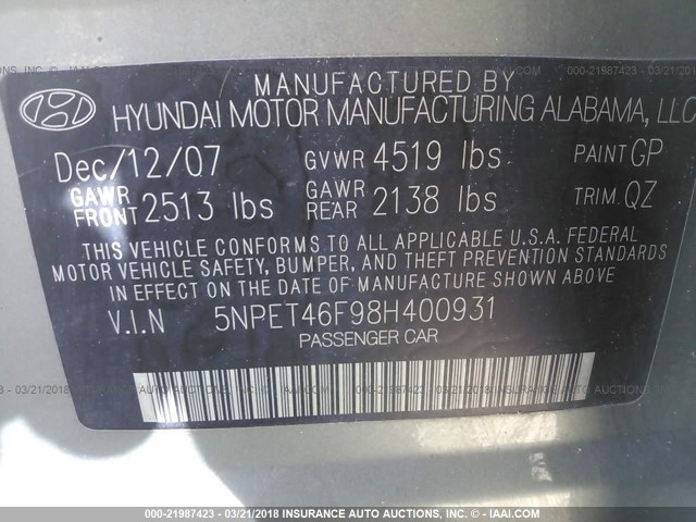 5NPET46F98H400931 - 2008 HYUNDAI SONATA GLS GREEN photo 9