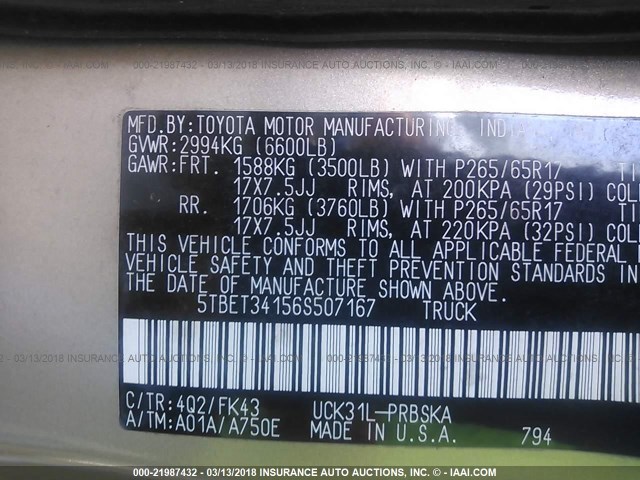 5TBET34156S507167 - 2006 TOYOTA TUNDRA DOUBLE CAB SR5 GOLD photo 9