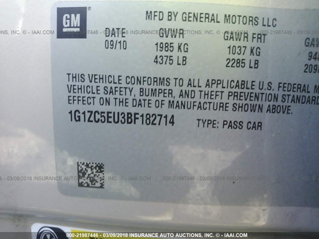 1G1ZC5EU3BF182714 - 2011 CHEVROLET MALIBU 1LT 金色 照片 9