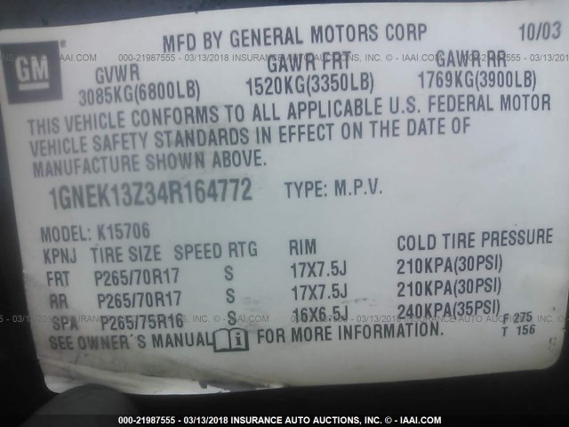 1GNEK13Z34R164772 - 2004 CHEVROLET TAHOE K1500 BLACK photo 9