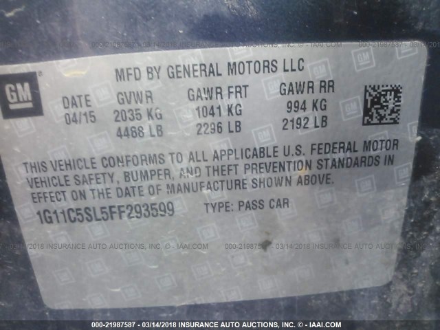 1G11C5SL5FF293599 - 2015 CHEVROLET MALIBU 1LT 蓝色 照片 9