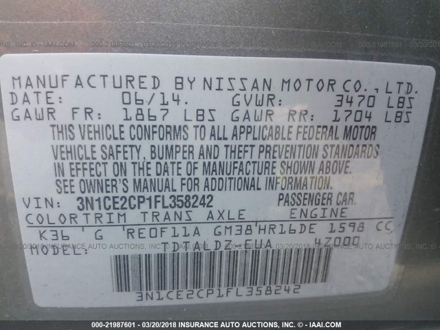 3N1CE2CP1FL358242 - 2015 NISSAN VERSA NOTE S/S PLUS/SV/SL/SR GRAY photo 9
