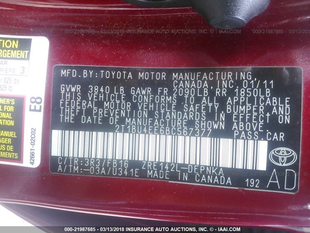 2T1BU4EE6BC567377 - 2011 TOYOTA COROLLA S/LE RED photo 9