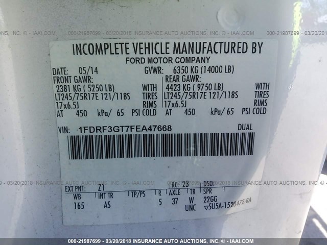 1FDRF3GT7FEA47668 - 2015 FORD F350 SUPER DUTY WHITE photo 10