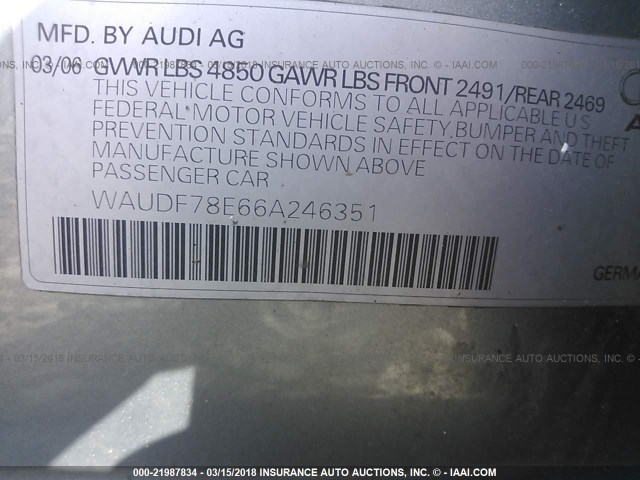 WAUDF78E66A246351 - 2006 AUDI A4 2.0T QUATTRO GRAY photo 9