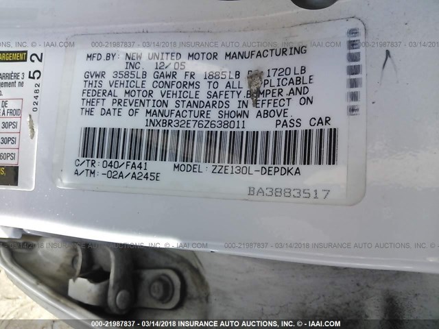 1NXBR32E76Z638011 - 2006 TOYOTA COROLLA CE/LE/S WHITE photo 9