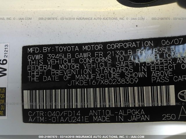 JTKDE167X80238309 - 2008 TOYOTA SCION TC 白色 照片 9