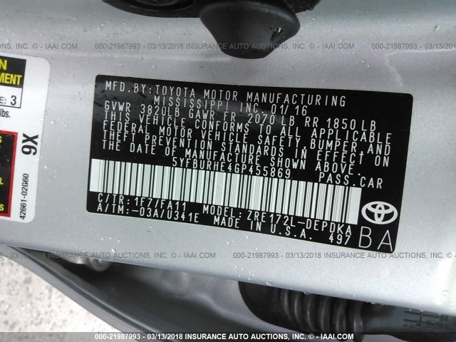 5YFBURHE4GP455869 - 2016 TOYOTA COROLLA L/LE/LE PLS/PRM/S/S PLS SILVER photo 9