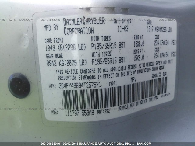 3C4FY48B94T257571 - 2004 CHRYSLER PT CRUISER SILVER photo 9