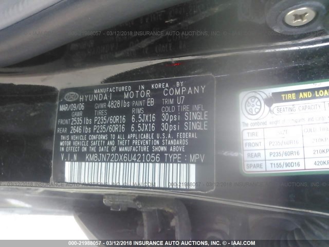 KM8JN72DX6U421056 - 2006 HYUNDAI TUCSON GLS/LIMITED 黑色 照片 9