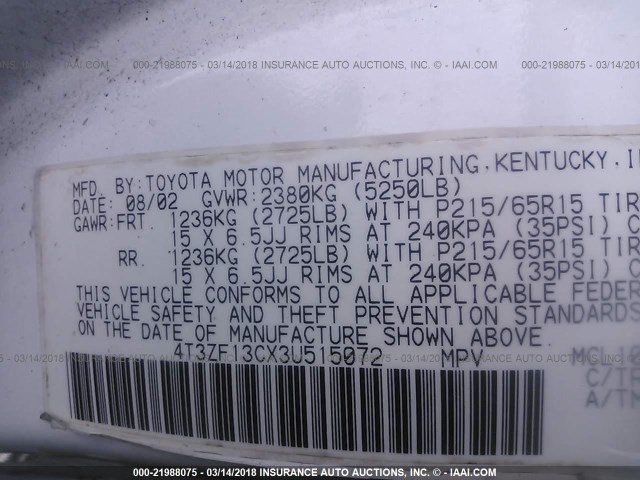 4T3ZF13CX3U515072 - 2003 TOYOTA SIENNA LE/XLE WHITE photo 9