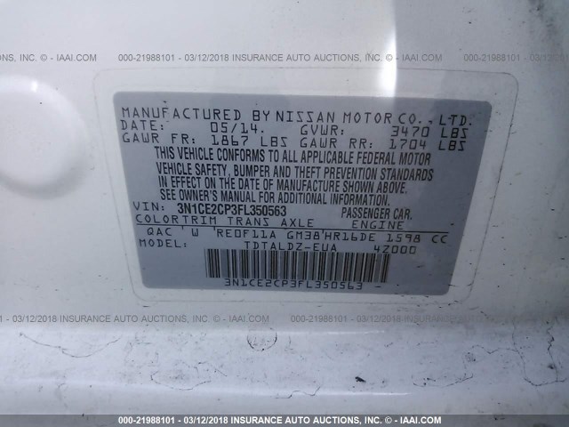 3N1CE2CP3FL350563 - 2015 NISSAN VERSA NOTE S/S PLUS/SV/SL/SR WHITE photo 9