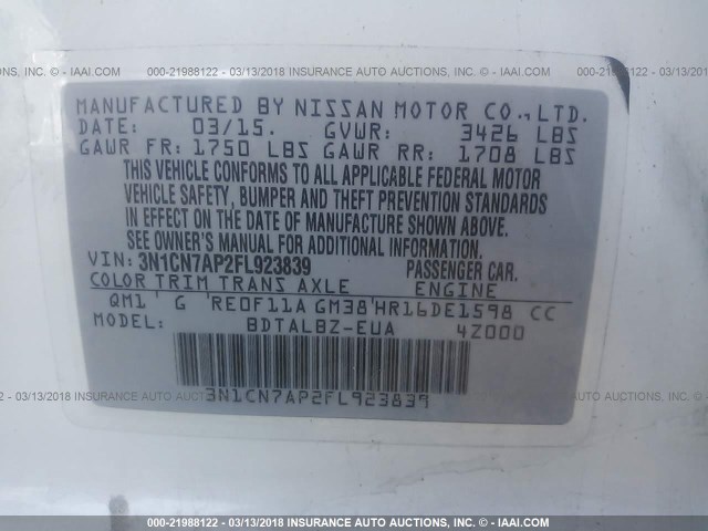 3N1CN7AP2FL923839 - 2015 NISSAN VERSA S/S PLUS/SV/SL WHITE photo 9