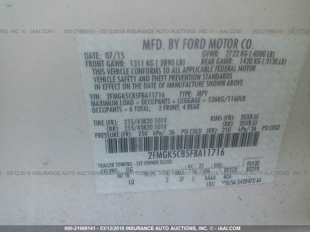 2FMGK5C85FBA11716 - 2015 FORD FLEX SEL WHITE photo 9