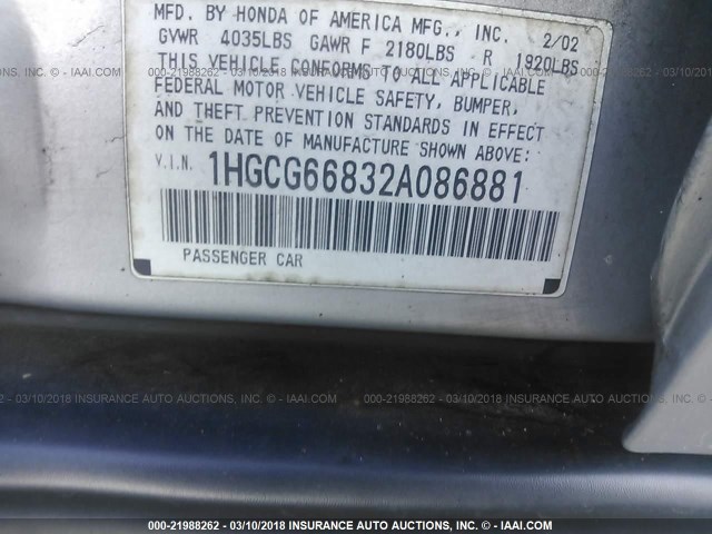 1HGCG66832A086881 - 2002 HONDA ACCORD EX/SE SILVER photo 9