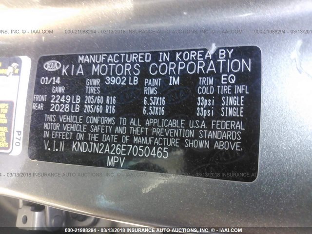 KNDJN2A26E7050465 - 2014 KIA SOUL GRAY photo 9