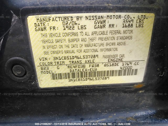 3N1CB51D96L537289 - 2006 NISSAN SENTRA 1.8/1.8S BLUE photo 9