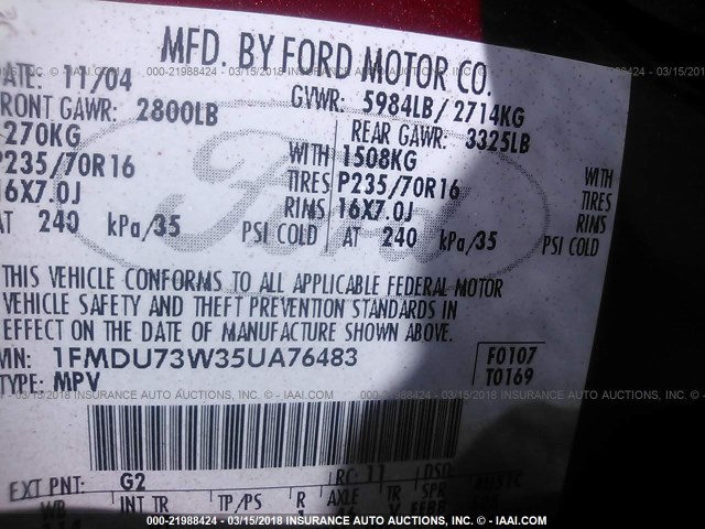 1FMDU73W35UA76483 - 2005 FORD EXPLORER XLT/XLT SPORT/NBX RED photo 9