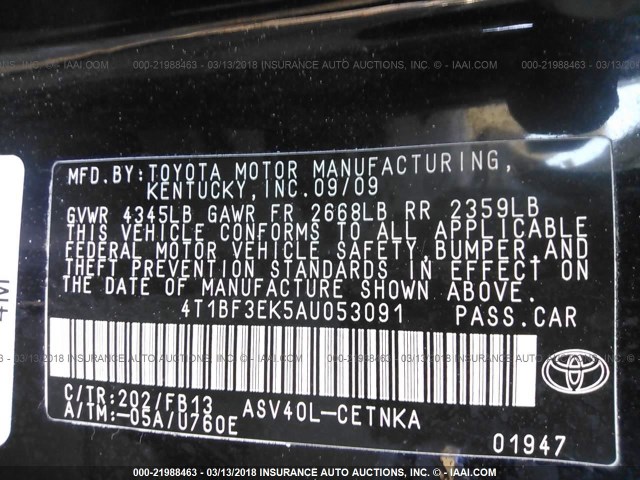 4T1BF3EK5AU053091 - 2010 TOYOTA CAMRY SE/LE/XLE BLACK photo 9