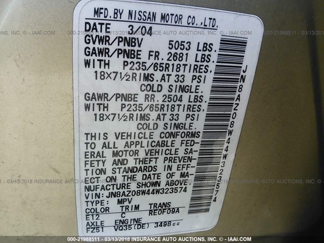 JN8AZ08W44W323574 - 2004 NISSAN MURANO SL/SE GOLD photo 9