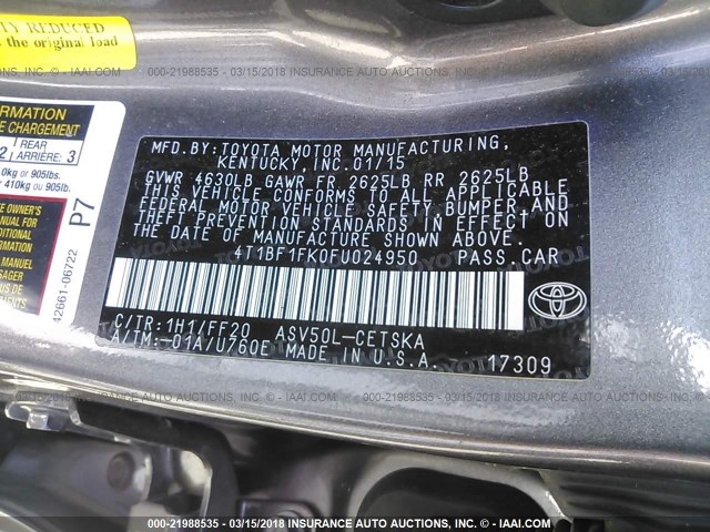 4T1BF1FK0FU024950 - 2015 TOYOTA CAMRY LE/XLE/SE/XSE ნაცრისფერი ფოტო 9