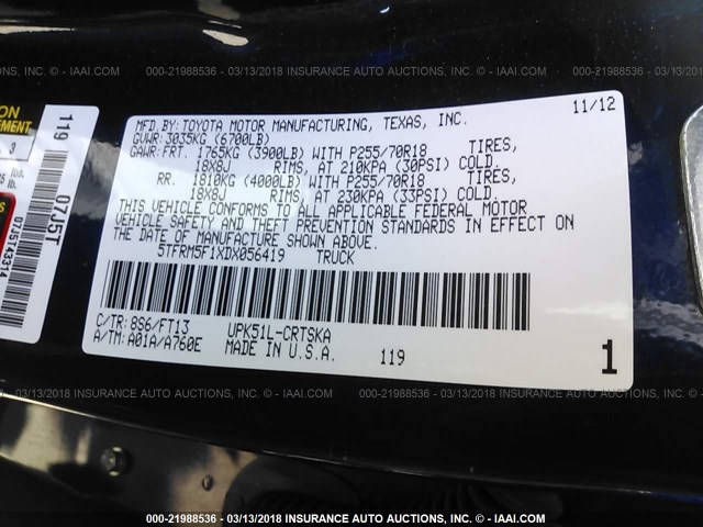 5TFRM5F1XDX056419 - 2013 TOYOTA TUNDRA DOUBLE CAB SR5 BLUE photo 9