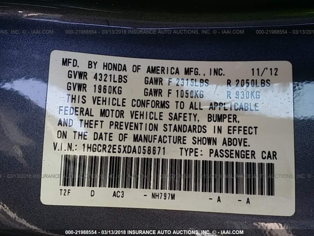 1HGCR2E5XDA058671 - 2013 HONDA ACCORD SPORT 灰色 照片 9