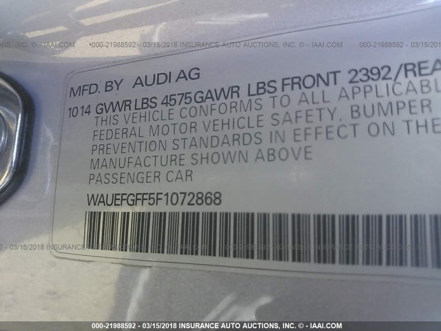 WAUEFGFF5F1072868 - 2015 AUDI A3 PREMIUM PLUS SILVER photo 9